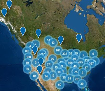 A map of the US and Canada showing blue pins that represent thousands of nest locations