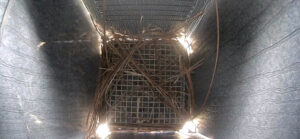 A wire mesh blowfly trap sits at the bottom of a nest box with pine needles scattered on top of it.
