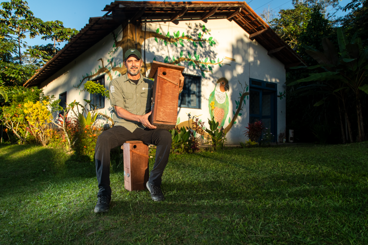 Un hombre sostiene una gran caja nido frente a un edificio en el que hay pintado un mural de un periquito en peligro de extinción