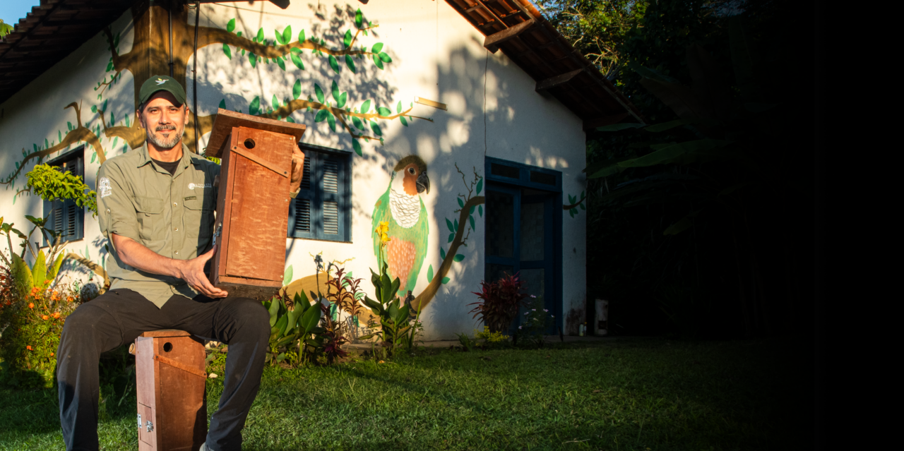 A man holds a large nest box in front of a building with a mural of an endangered parakeet painted on it